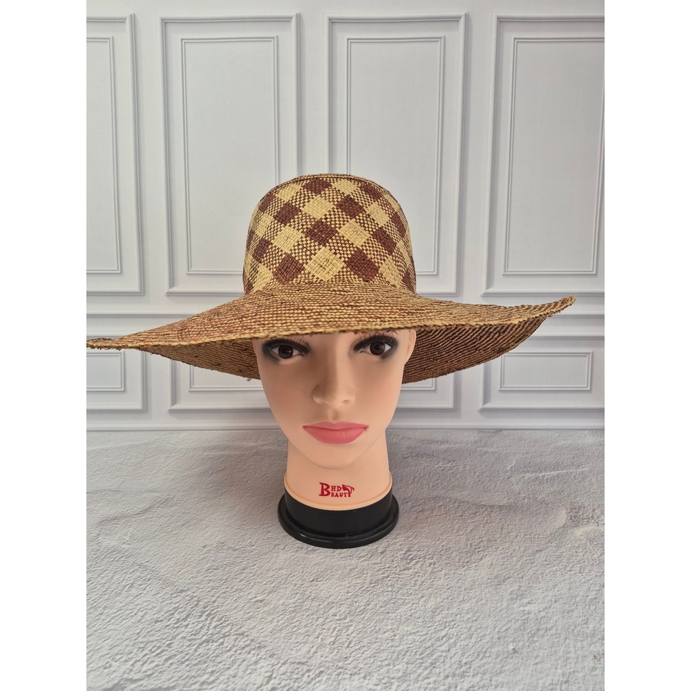 Womens Handwoven Straw Sun Hat Wide Brim Checkered Brown‎ Plaid Summer Beach